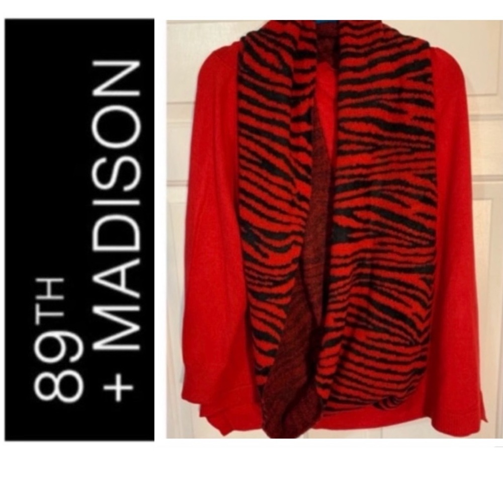 💛 🍀 89th + MADISON Red Asymmetric Hem Sweater Matching Red & Black Scarf NWT 2X